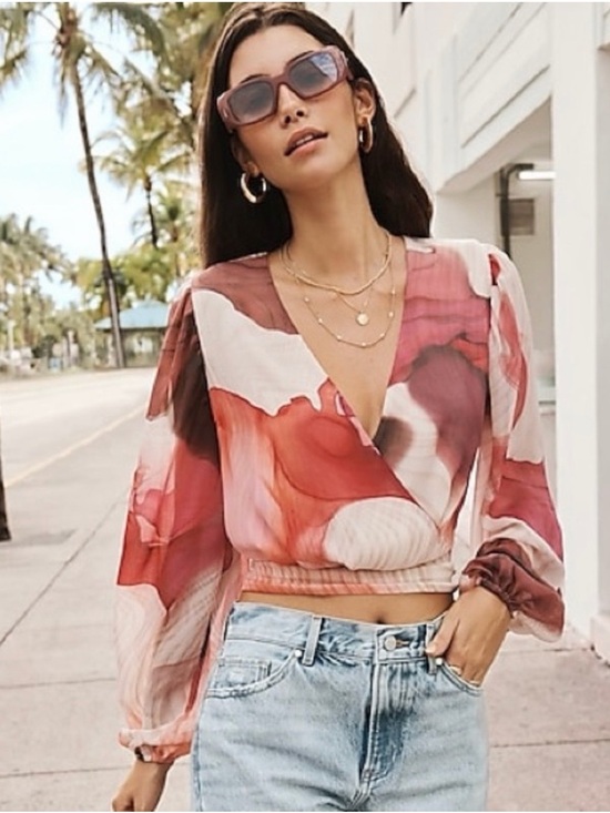 Express Tops - Express “Watercolor” Faux Wrap-Front Blouse